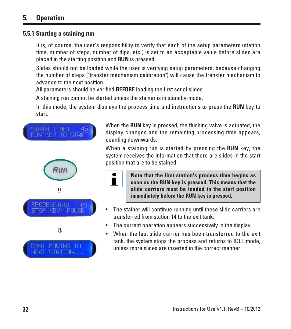 1 starting a staining run, Operation | Leica Biosystems ST4020 User Manual | Page 32 / 51