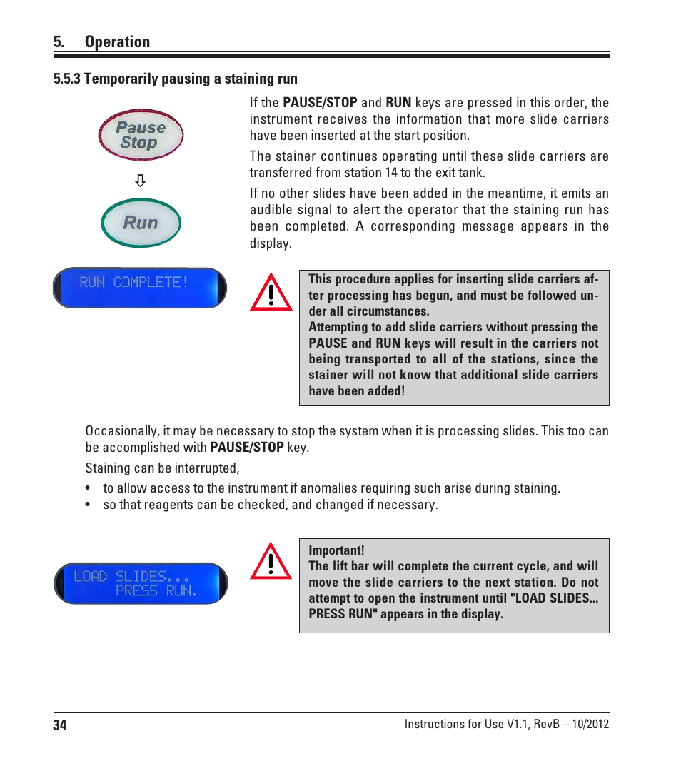 3 temporarily pausing a staining run, Operation | Leica Biosystems ST4020 User Manual | Page 34 / 51