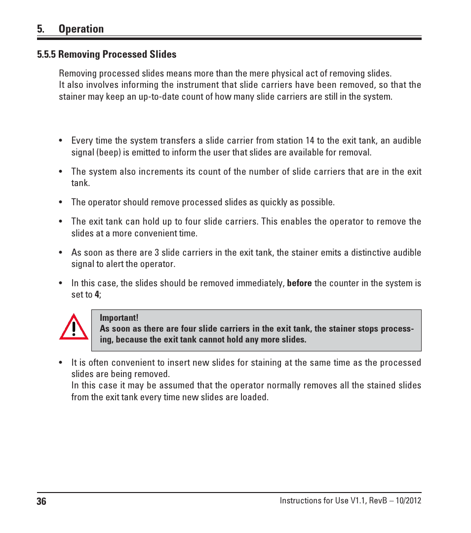 5 removing processed slides, Operation | Leica Biosystems ST4020 User Manual | Page 36 / 51