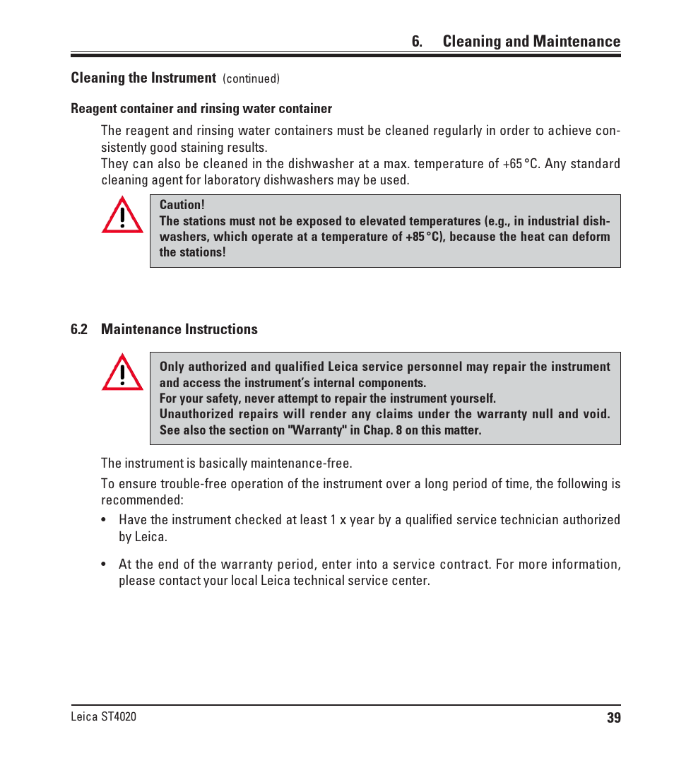 2 maintenance instructions, Maintenance instructions, Cleaning and maintenance | Leica Biosystems ST4020 User Manual | Page 39 / 51