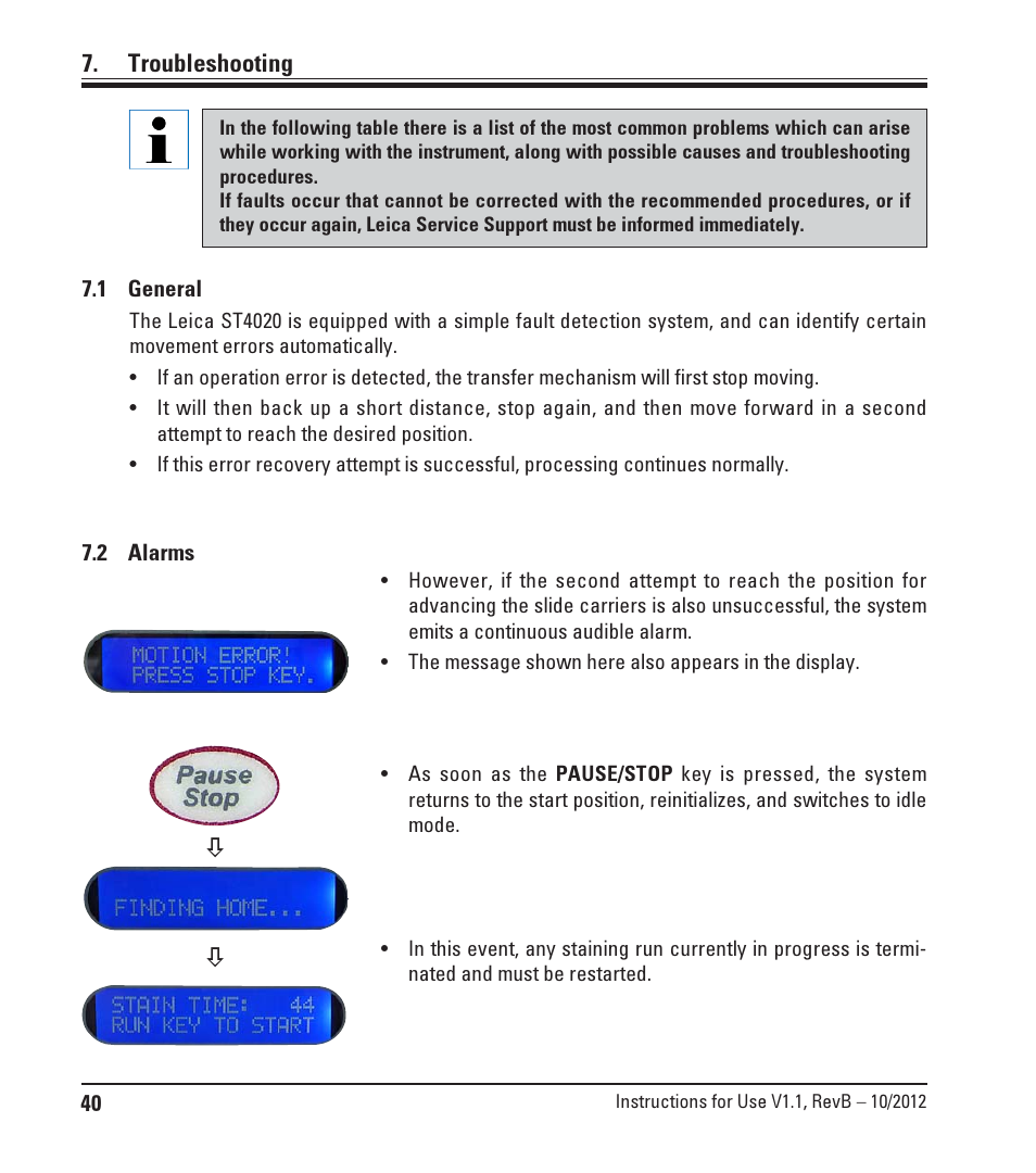 Troubleshooting, 1 general, 2 alarms | General, Alarms | Leica Biosystems ST4020 User Manual | Page 40 / 51