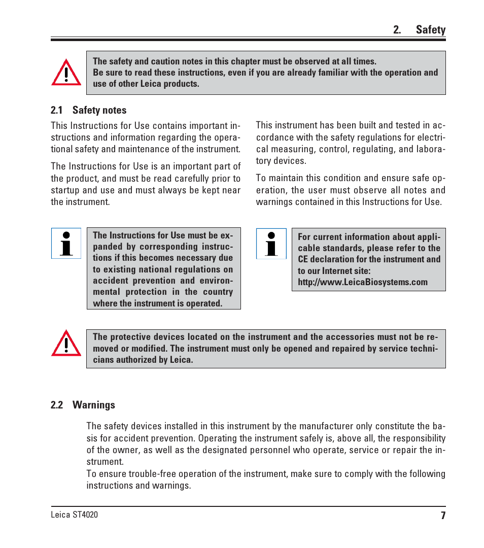 Safety, 1 safety notes, 2 warnings | Safety notes, Warnings | Leica Biosystems ST4020 User Manual | Page 7 / 51