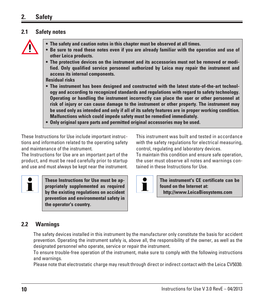 Safety, 1 safety notes, 2 warnings | Safety notes | Leica Biosystems CV5030 User Manual | Page 10 / 112