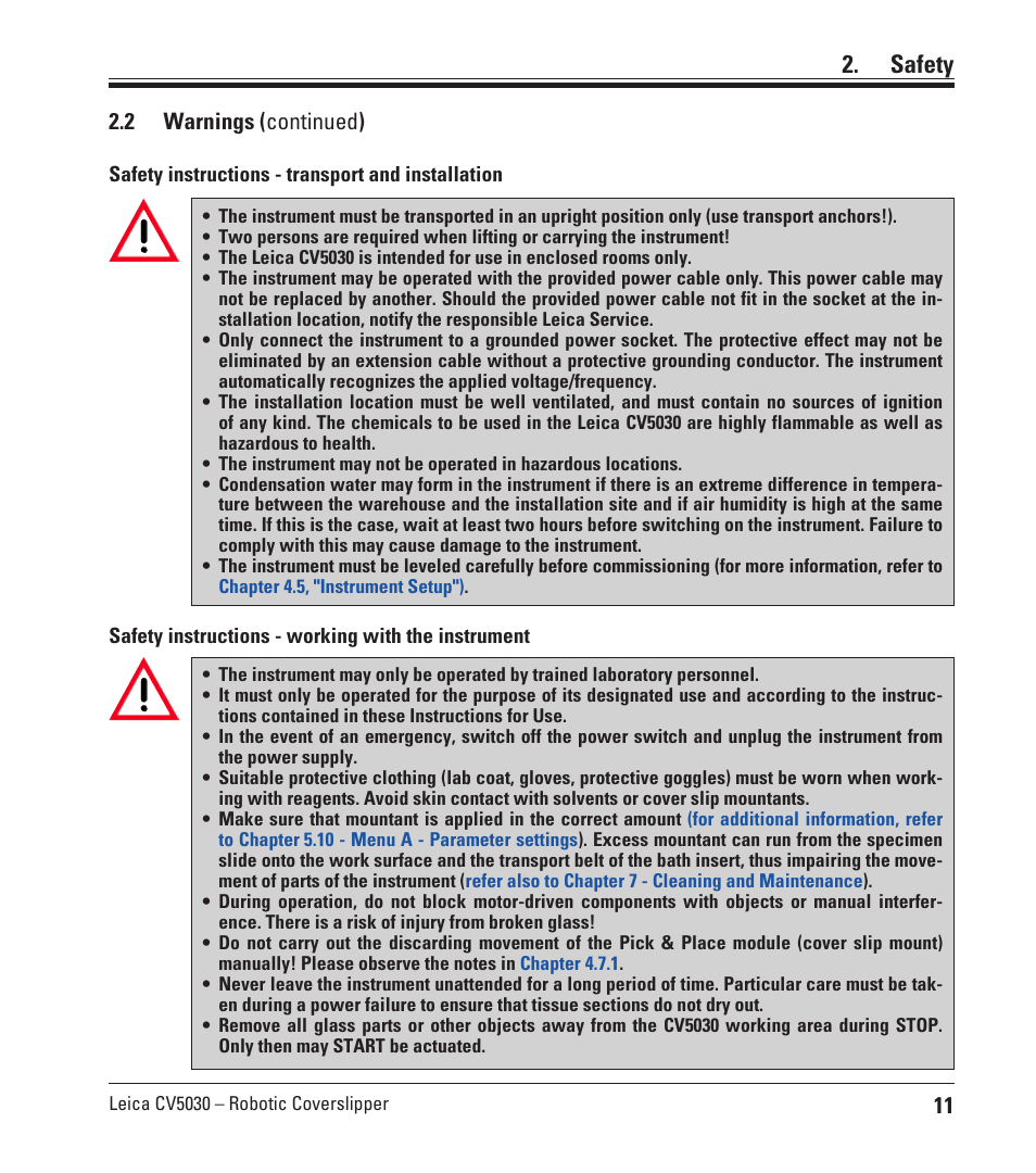 Safety, 2 warnings ( continued ) | Leica Biosystems CV5030 User Manual | Page 11 / 112