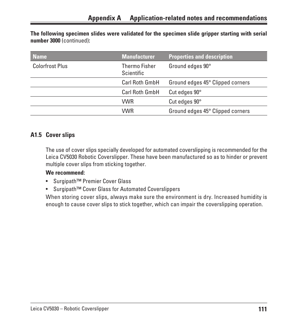A1.5 cover slips | Leica Biosystems CV5030 User Manual | Page 111 / 112