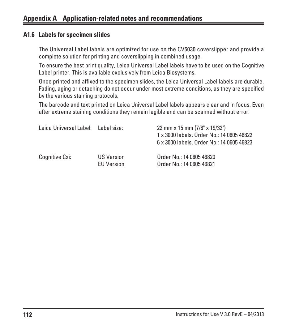 A1.6 labels for specimen slides | Leica Biosystems CV5030 User Manual | Page 112 / 112