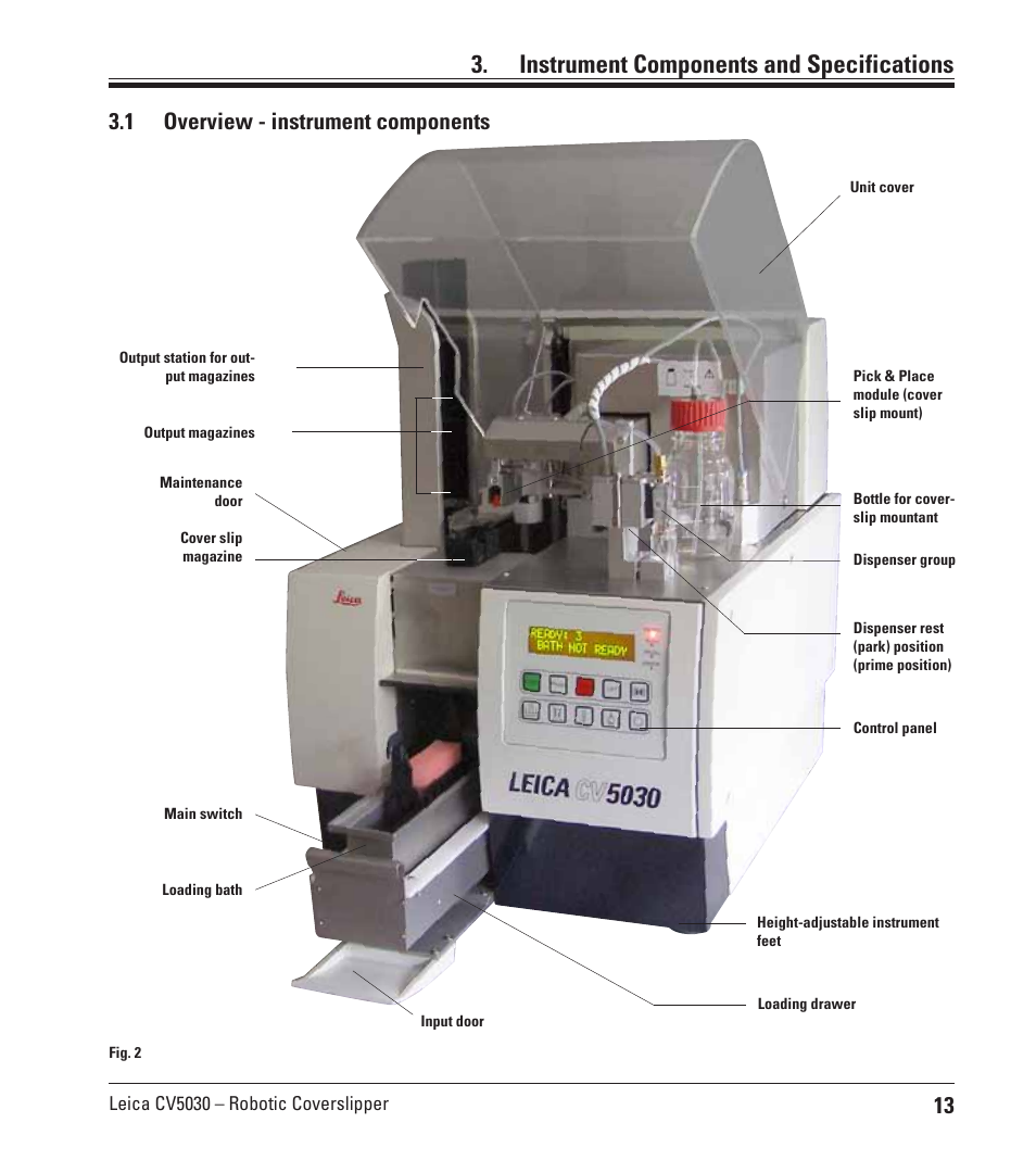 Instrument components and specifications, 1 overview - instrument components, Overview - instrument components | Leica Biosystems CV5030 User Manual | Page 13 / 112