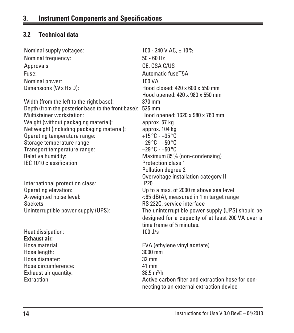 2 technical data, Technical data, Instrument components and specifications | Leica Biosystems CV5030 User Manual | Page 14 / 112