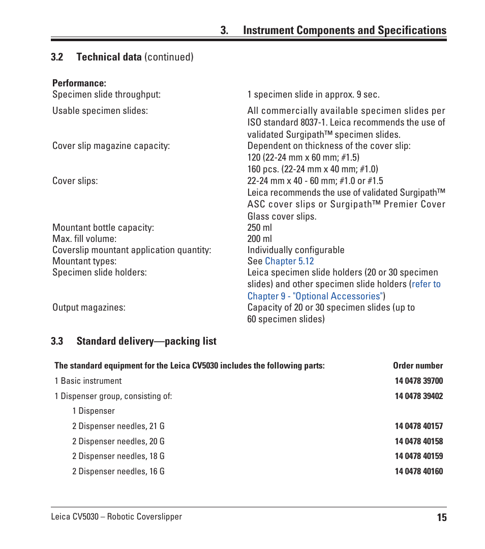 3 standard delivery—packing list, Standard delivery—packing list, Instrument components and specifications | Leica Biosystems CV5030 User Manual | Page 15 / 112