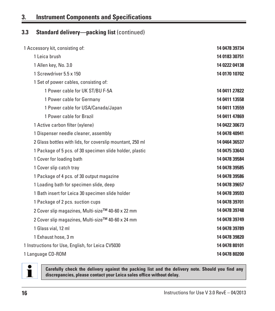 Instrument components and specifications, 3 standard delivery—packing list (continued) | Leica Biosystems CV5030 User Manual | Page 16 / 112