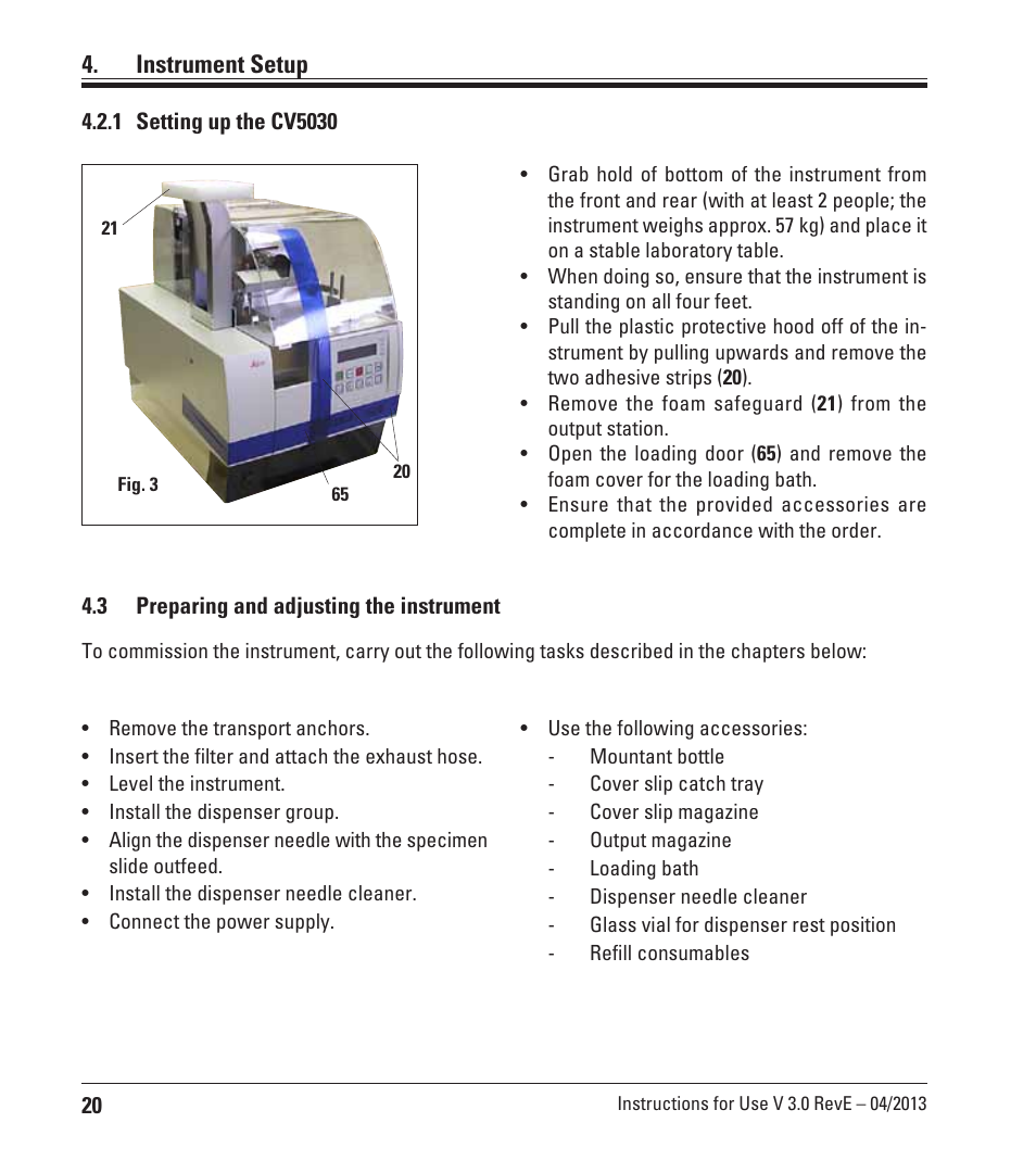 1 setting up the cv5030, 3 preparing and adjusting the instrument, Preparing and adjusting the instrument | Instrument setup | Leica Biosystems CV5030 User Manual | Page 20 / 112