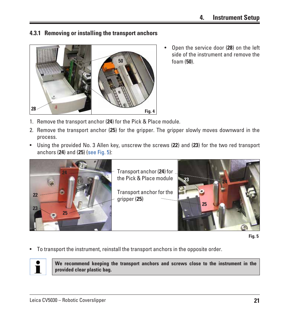 1 removing or installing the transport anchors, Instrument setup | Leica Biosystems CV5030 User Manual | Page 21 / 112