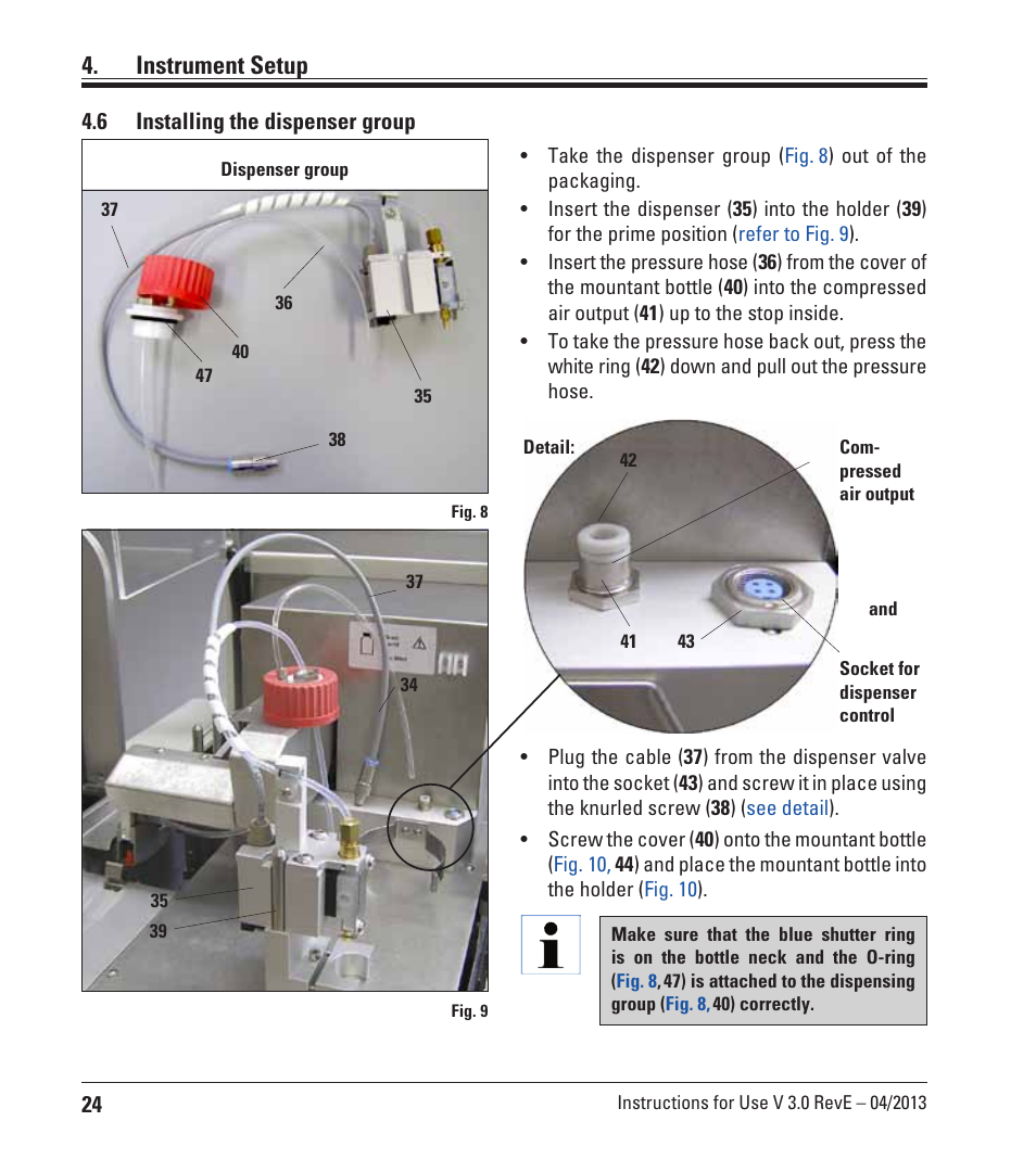 6 installing the dispenser group, Installing the dispenser group, Instrument setup | Leica Biosystems CV5030 User Manual | Page 24 / 112
