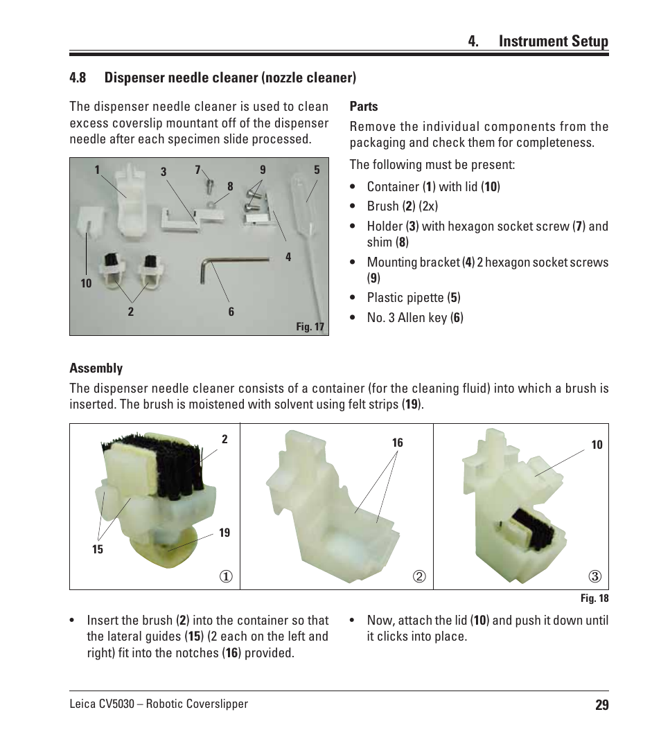 8 dispenser needle cleaner (nozzle cleaner), Dispenser needle cleaner (nozzle cleaner), Instrument setup | Leica Biosystems CV5030 User Manual | Page 29 / 112