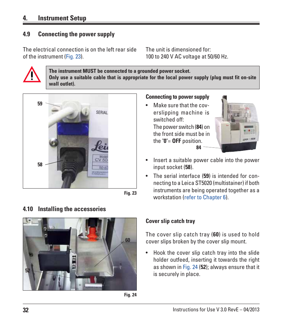 9 connecting the power supply, 10 installing the accessories, Connecting the power supply | Instrument setup | Leica Biosystems CV5030 User Manual | Page 32 / 112