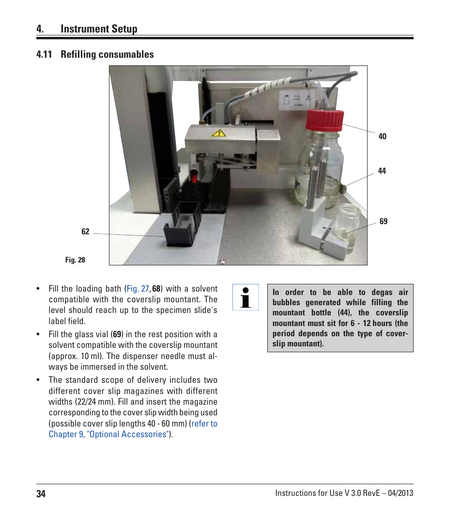 11 refilling consumables, Instrument setup | Leica Biosystems CV5030 User Manual | Page 34 / 112