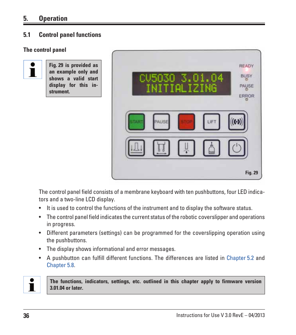 Operation, 1 control panel functions, Control panel functions | Leica Biosystems CV5030 User Manual | Page 36 / 112