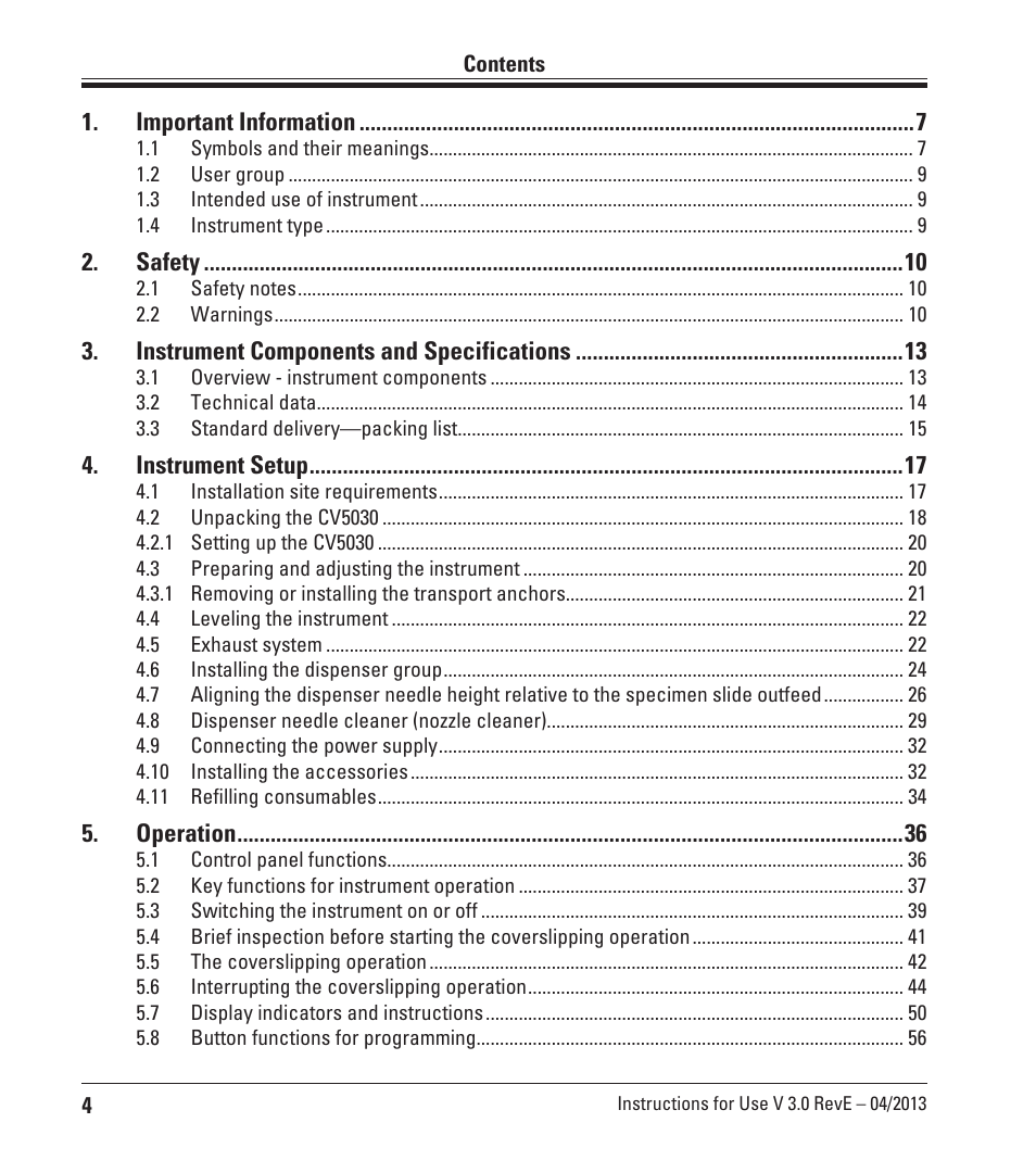 Important information, Safety, Instrument components and specifications | Instrument setup, Operation | Leica Biosystems CV5030 User Manual | Page 4 / 112