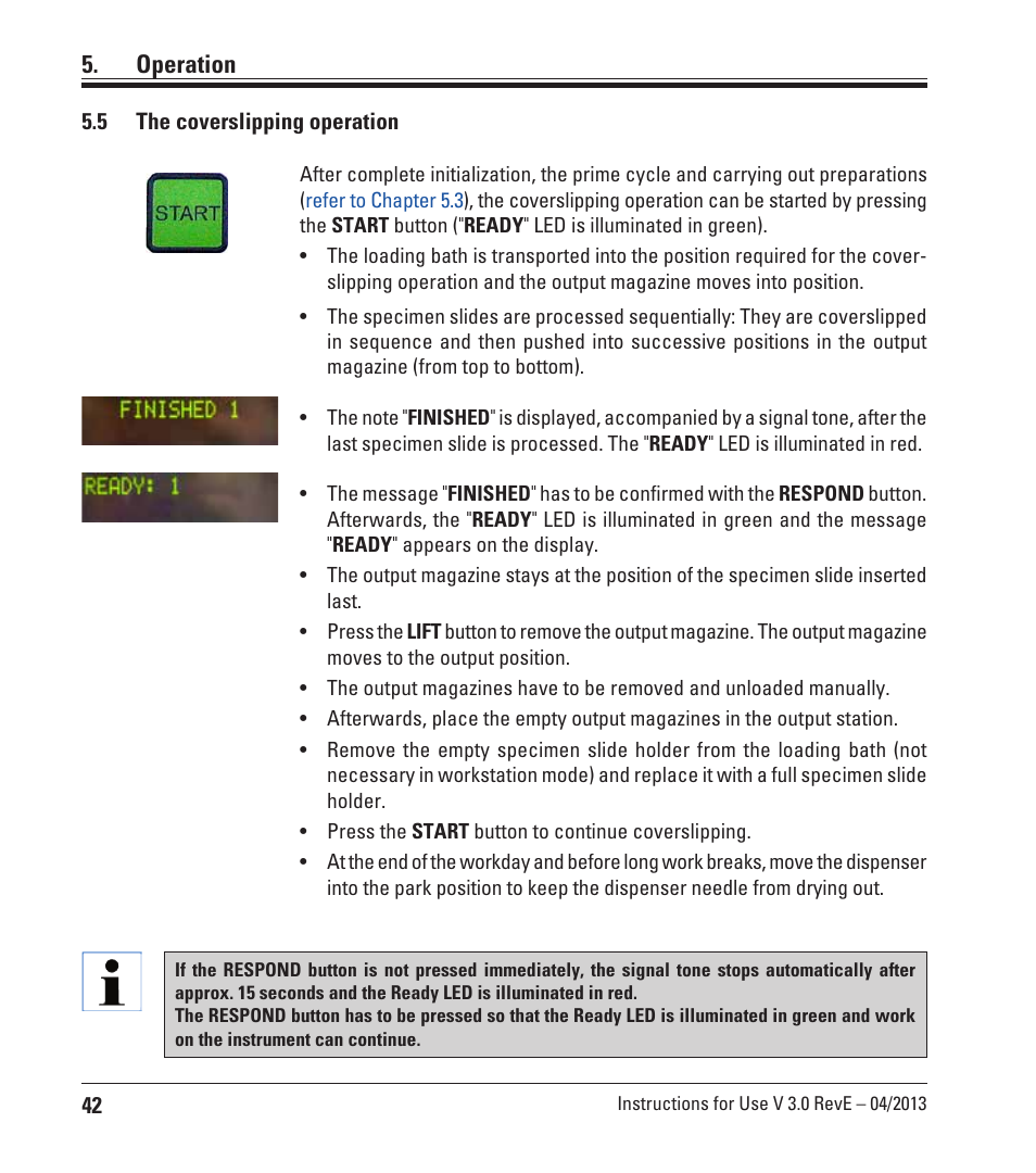 5 the coverslipping operation, The coverslipping operation, Operation | Leica Biosystems CV5030 User Manual | Page 42 / 112