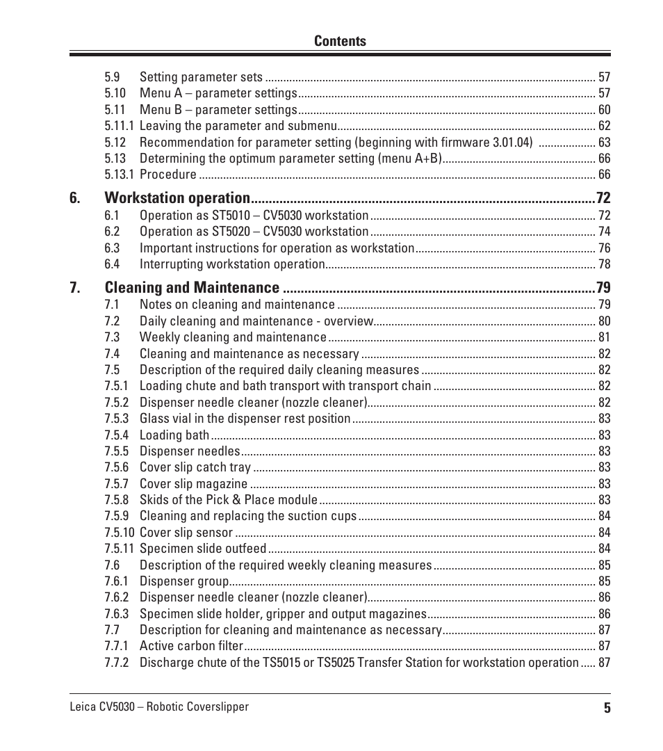 Workstation operation, Cleaning and maintenance | Leica Biosystems CV5030 User Manual | Page 5 / 112