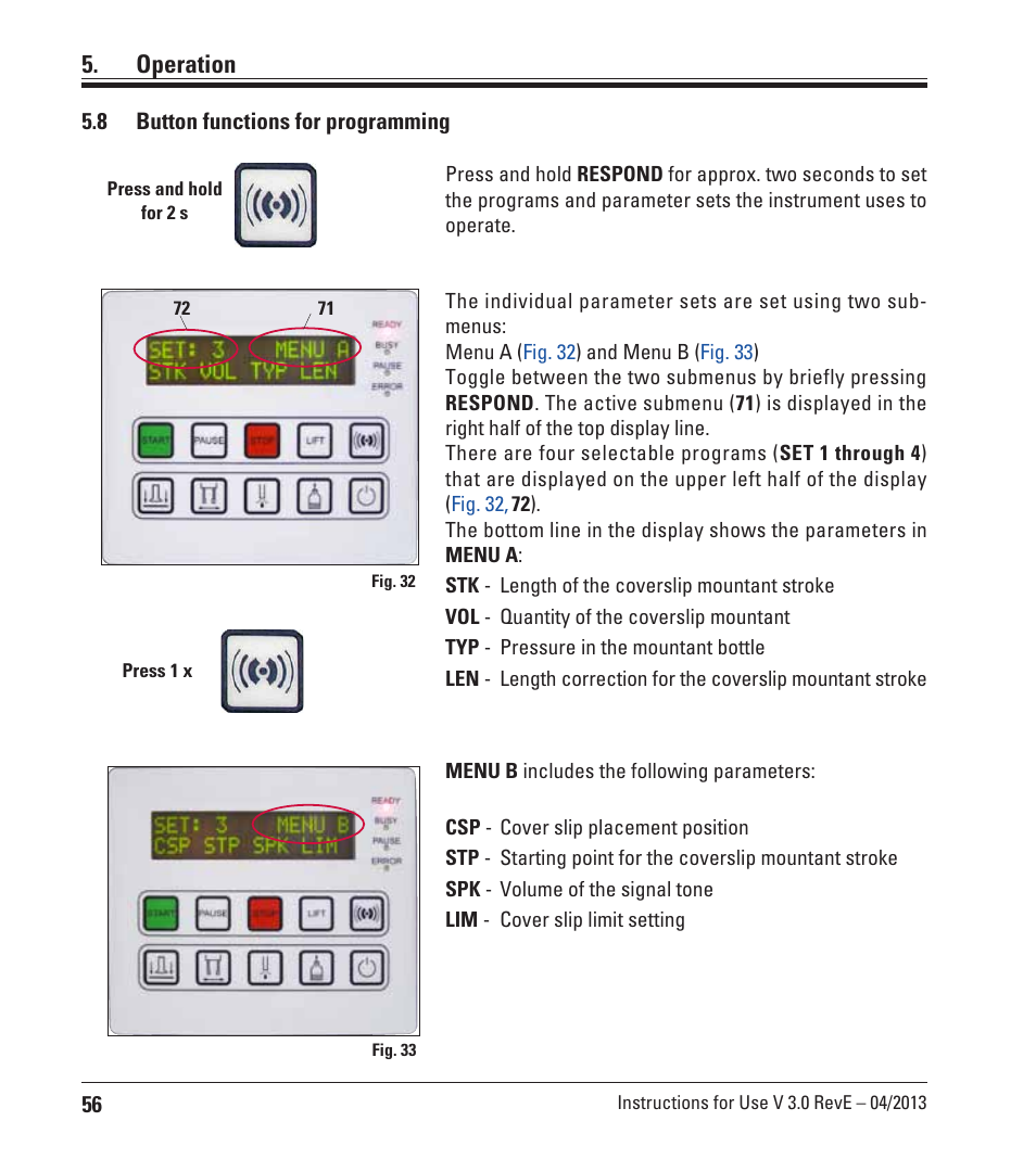 8 button functions for programming, Button functions for programming, Operation | Leica Biosystems CV5030 User Manual | Page 56 / 112
