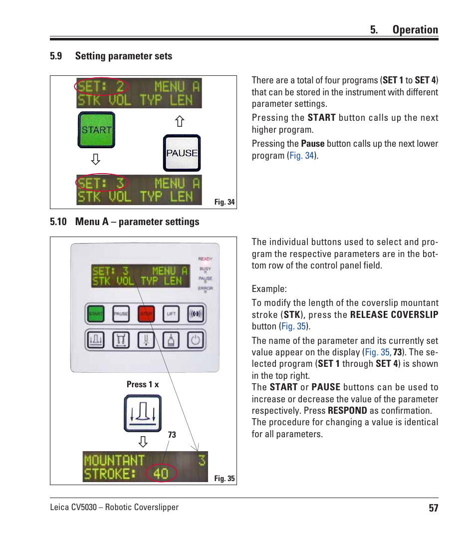 9 setting parameter sets, 10 menu a – parameter settings, Setting parameter sets | Тс т | Leica Biosystems CV5030 User Manual | Page 57 / 112