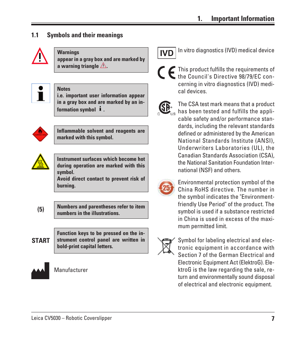 Important information, 1 symbols and their meanings, Symbols and their meanings | Leica Biosystems CV5030 User Manual | Page 7 / 112