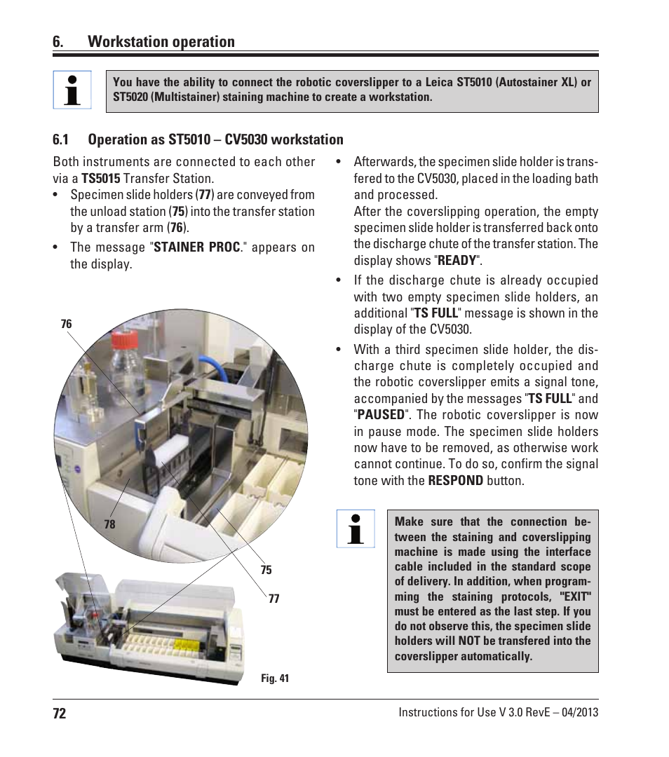Workstation operation, 1 operation as st5010 – cv5030 workstation, Operation as st5010 – cv5030 workstation | Leica Biosystems CV5030 User Manual | Page 72 / 112