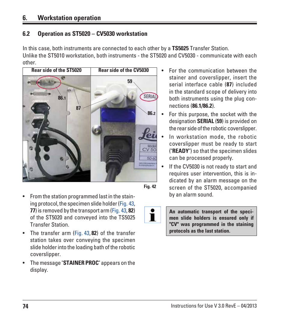 2 operation as st5020 – cv5030 workstation, Operation as st5020 – cv5030 workstation, Workstation operation | Leica Biosystems CV5030 User Manual | Page 74 / 112