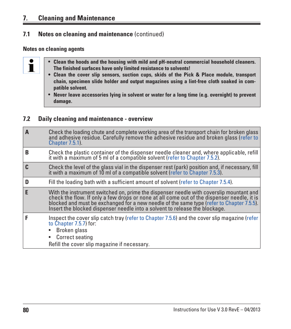 2 daily cleaning and maintenance - overview, Daily cleaning and maintenance - overview, Cleaning and maintenance | Leica Biosystems CV5030 User Manual | Page 80 / 112