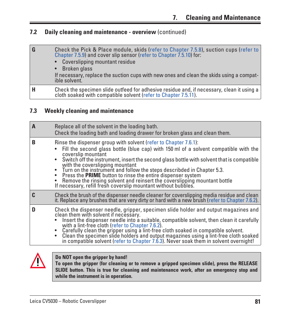 3 weekly cleaning and maintenance, Weekly cleaning and maintenance, Cleaning and maintenance | Leica Biosystems CV5030 User Manual | Page 81 / 112