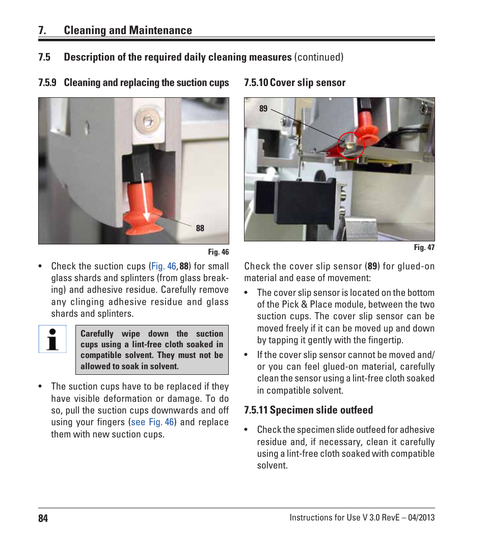 9 cleaning and replacing the suction cups, 10 cover slip sensor, 11 specimen slide outfeed | Cleaning and maintenance | Leica Biosystems CV5030 User Manual | Page 84 / 112