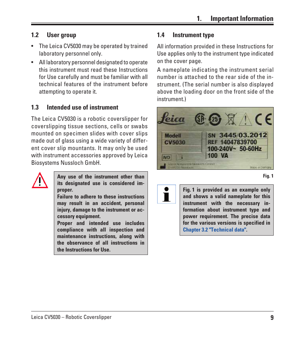 2 user group, 3 intended use of instrument, 4 instrument type | User group, Intended use of instrument, Instrument type, Important information | Leica Biosystems CV5030 User Manual | Page 9 / 112