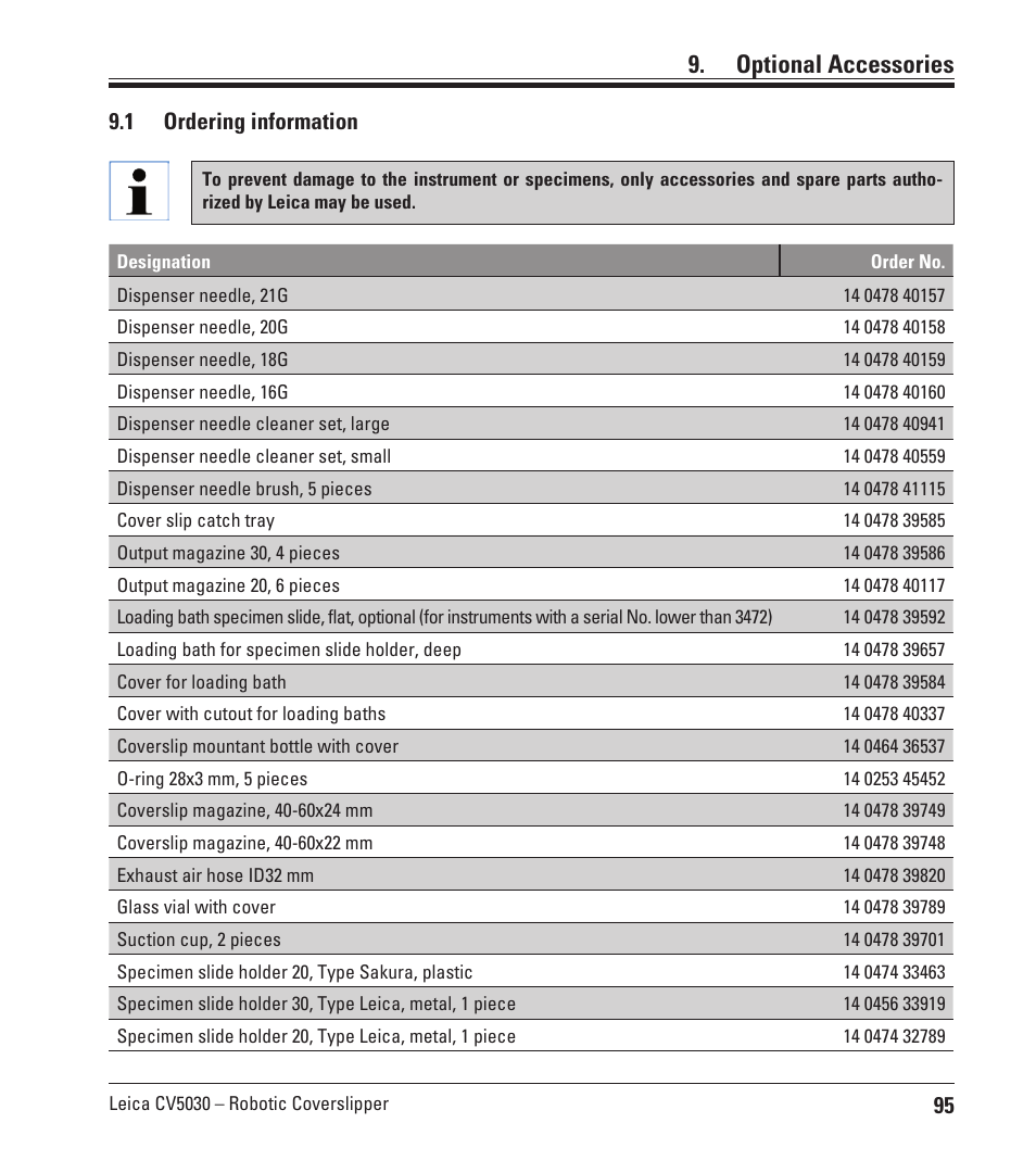 Optional accessories, 1 ordering information, Ordering information | Leica Biosystems CV5030 User Manual | Page 95 / 112