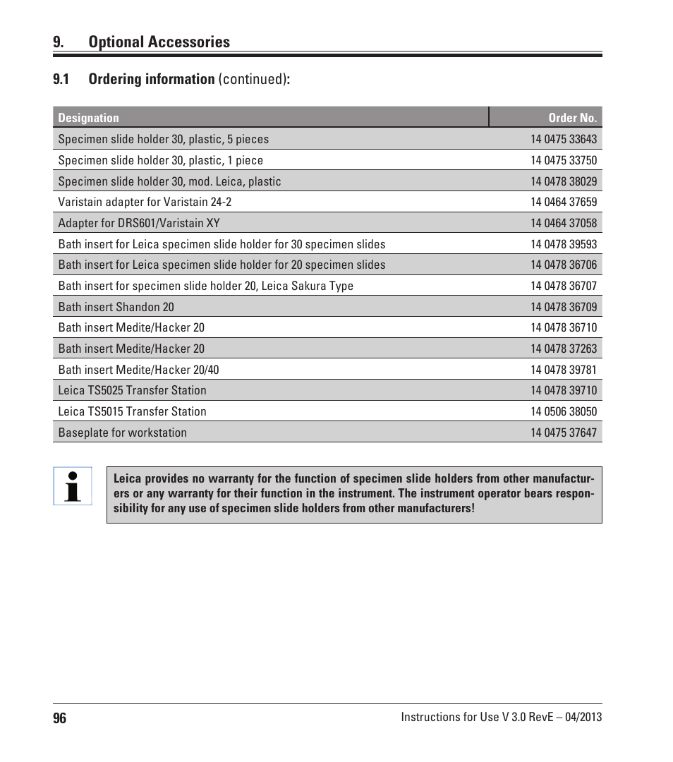 Optional accessories, 1 ordering information (continued) | Leica Biosystems CV5030 User Manual | Page 96 / 112
