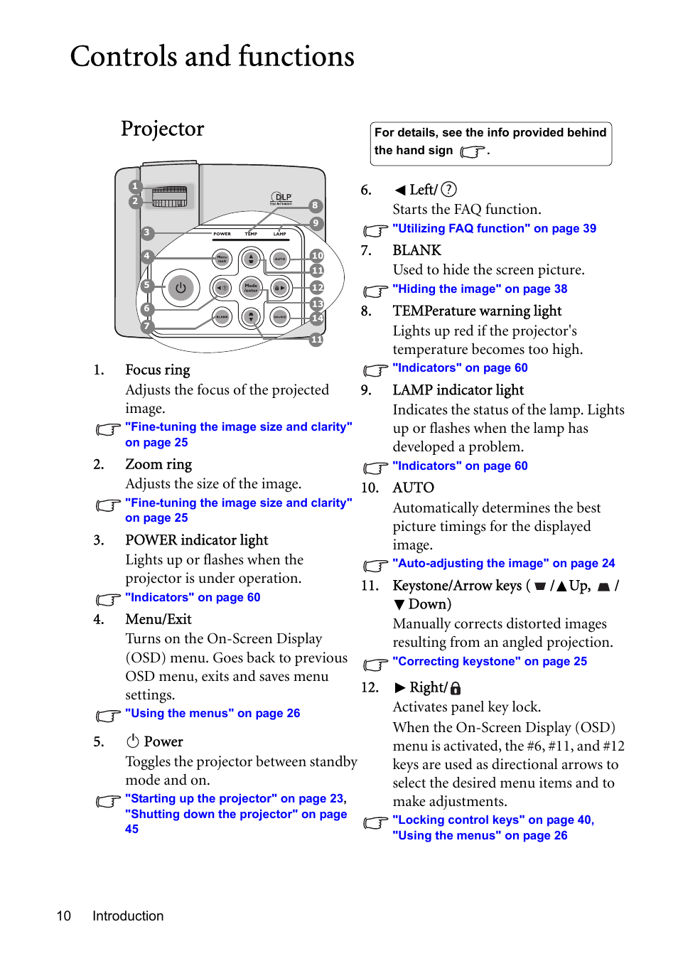 Controls and functions, Projector, Controls and functions" on | BenQ MP576 User Manual | Page 10 / 68