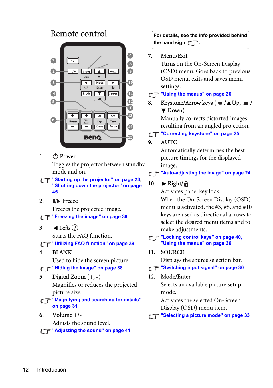 Remote control | BenQ MP576 User Manual | Page 12 / 68