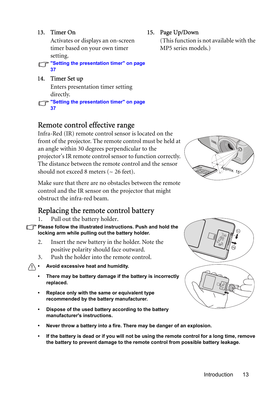 Remote control effective range, Replacing the remote control battery | BenQ MP576 User Manual | Page 13 / 68