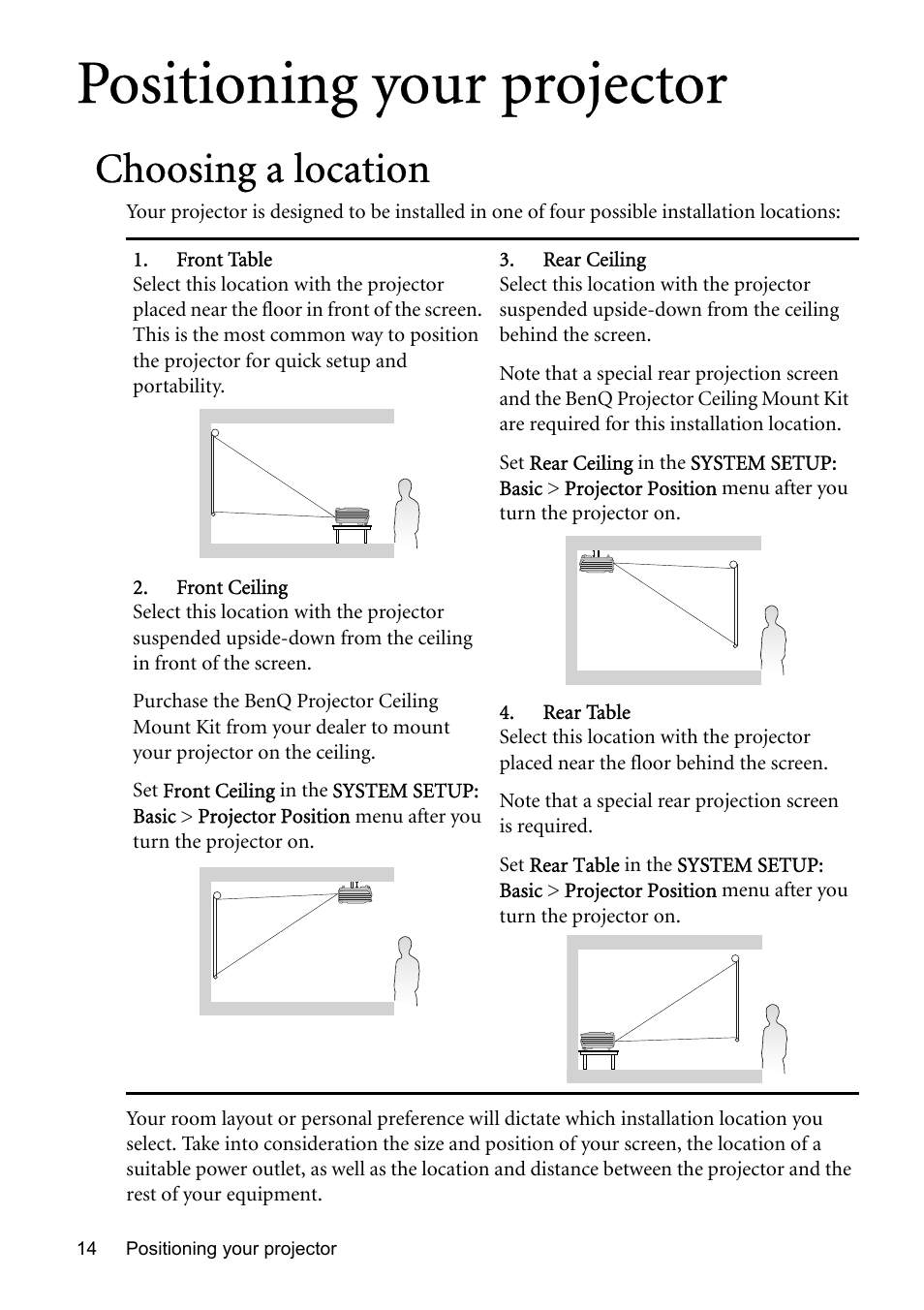 Positioning your projector, Choosing a location | BenQ MP576 User Manual | Page 14 / 68