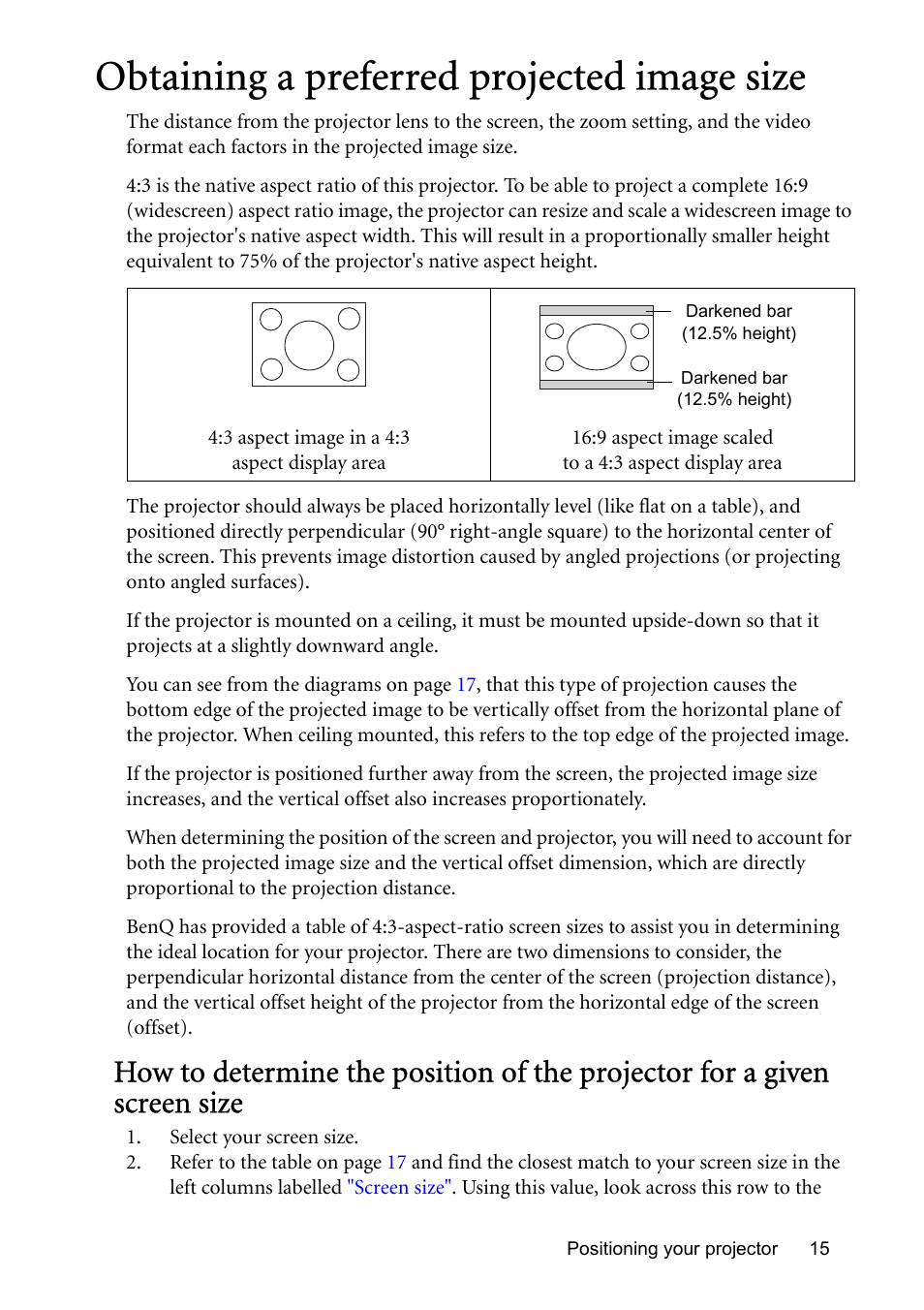 Obtaining a preferred projected image size | BenQ MP576 User Manual | Page 15 / 68