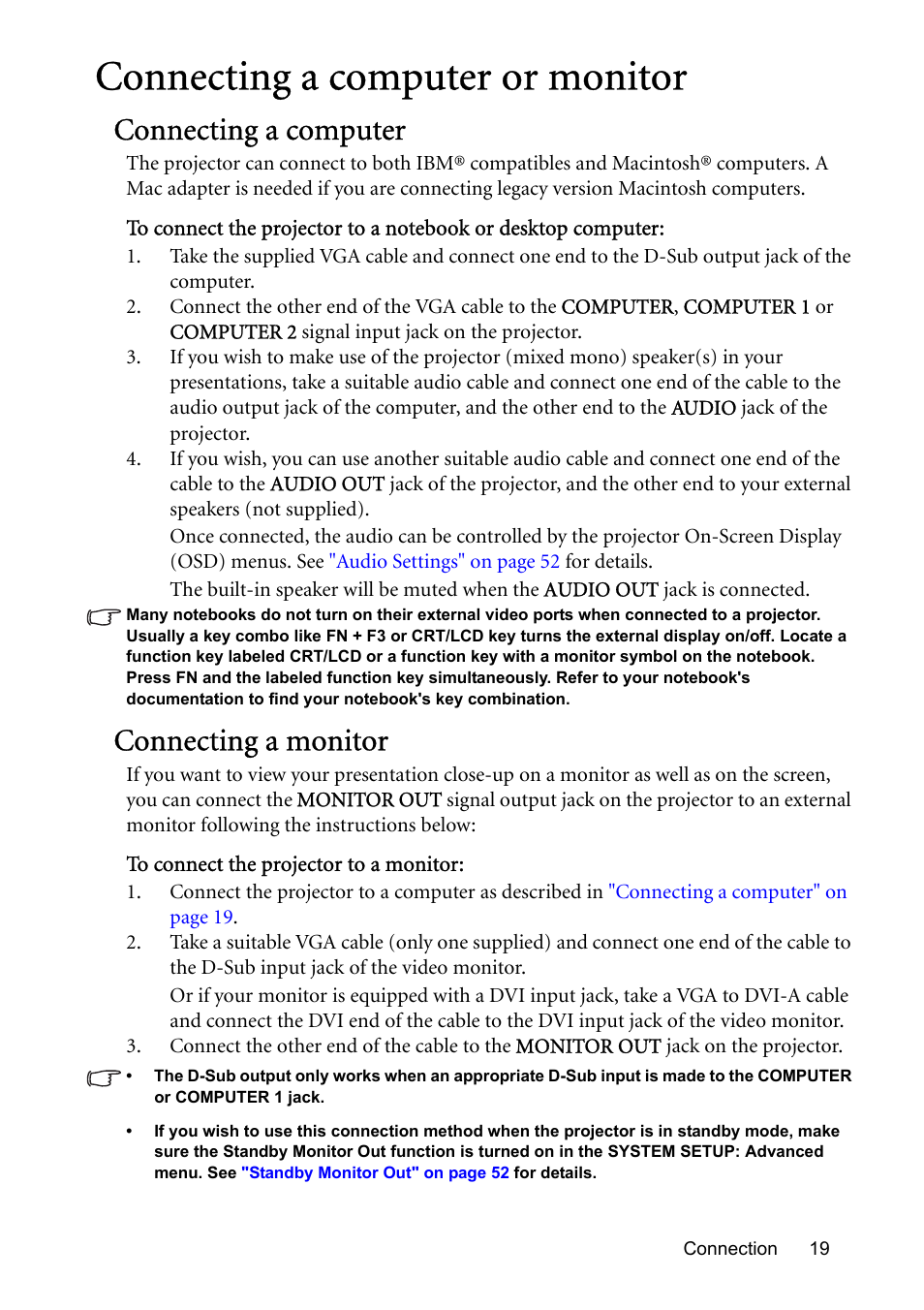 Connecting a computer or monitor, Connecting a computer, Connecting a monitor | BenQ MP576 User Manual | Page 19 / 68