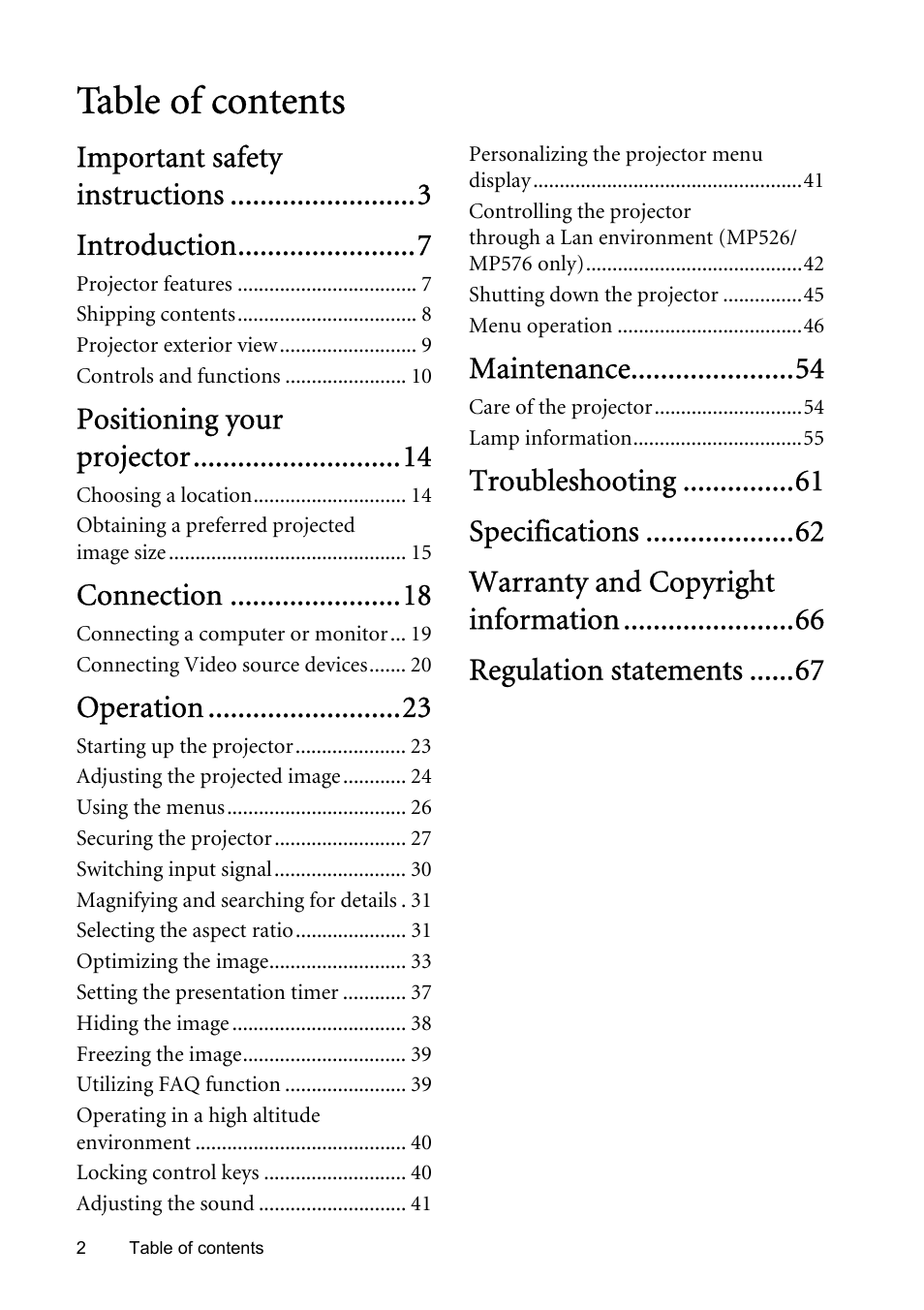 BenQ MP576 User Manual | Page 2 / 68