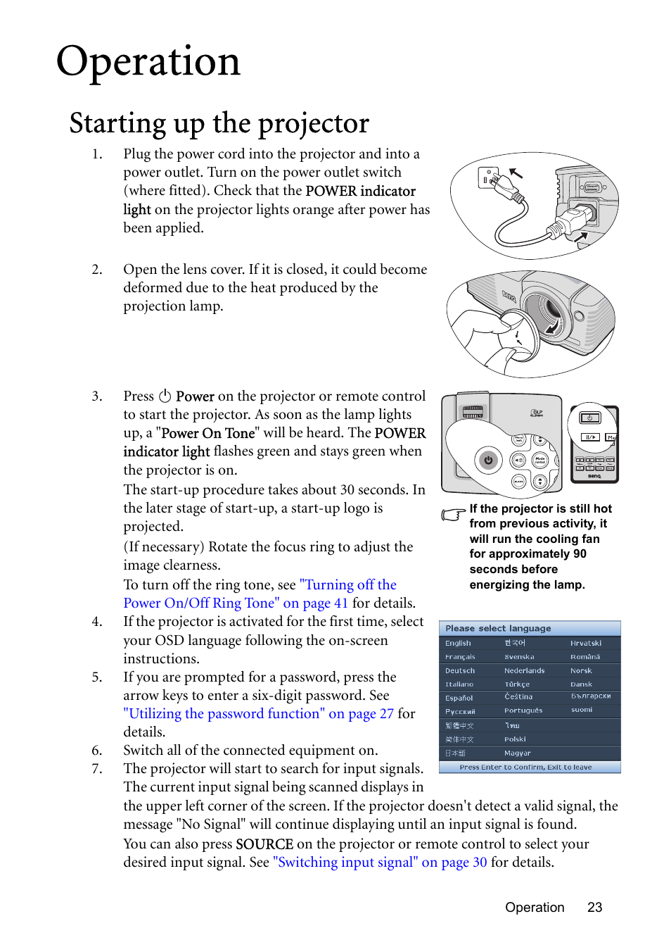 Operation, Starting up the projector | BenQ MP576 User Manual | Page 23 / 68