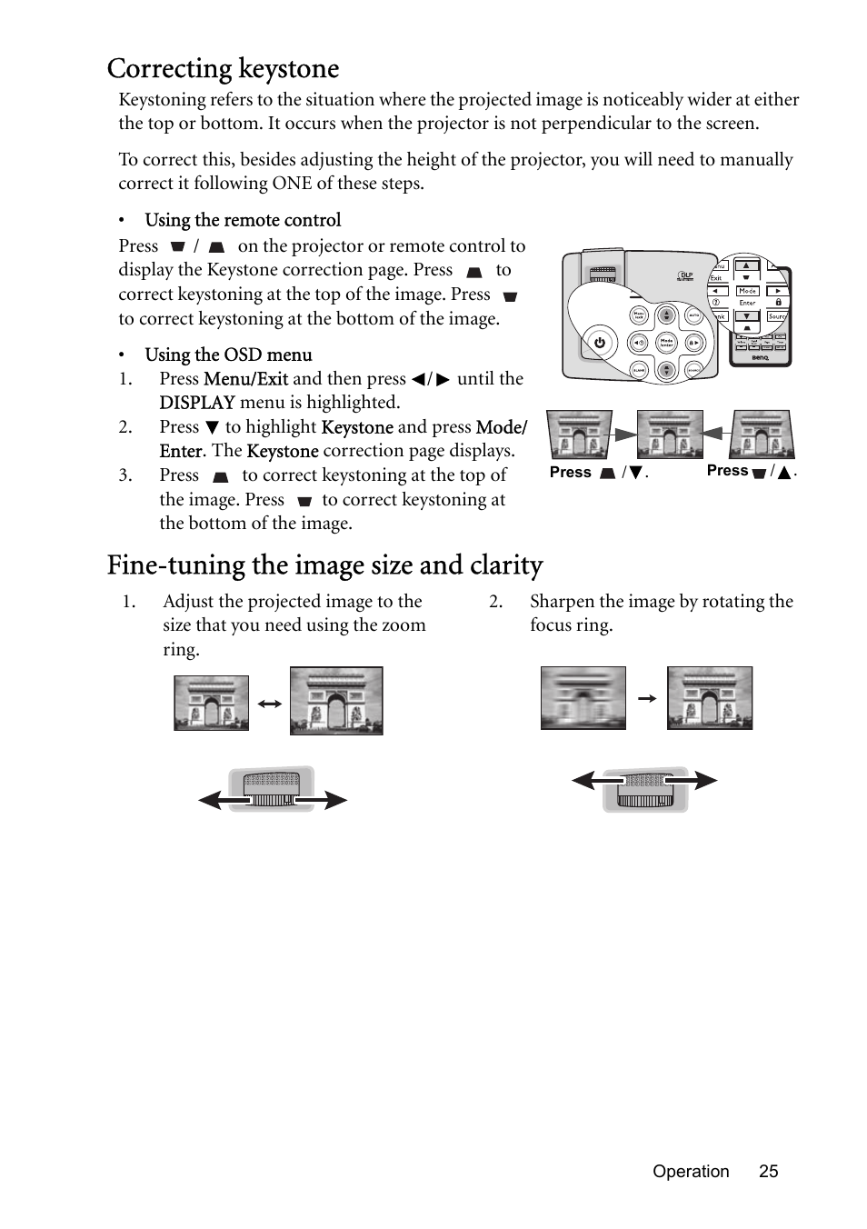 Correcting keystone, Fine-tuning the image size and clarity, Correcting keystone" on | For de | BenQ MP576 User Manual | Page 25 / 68