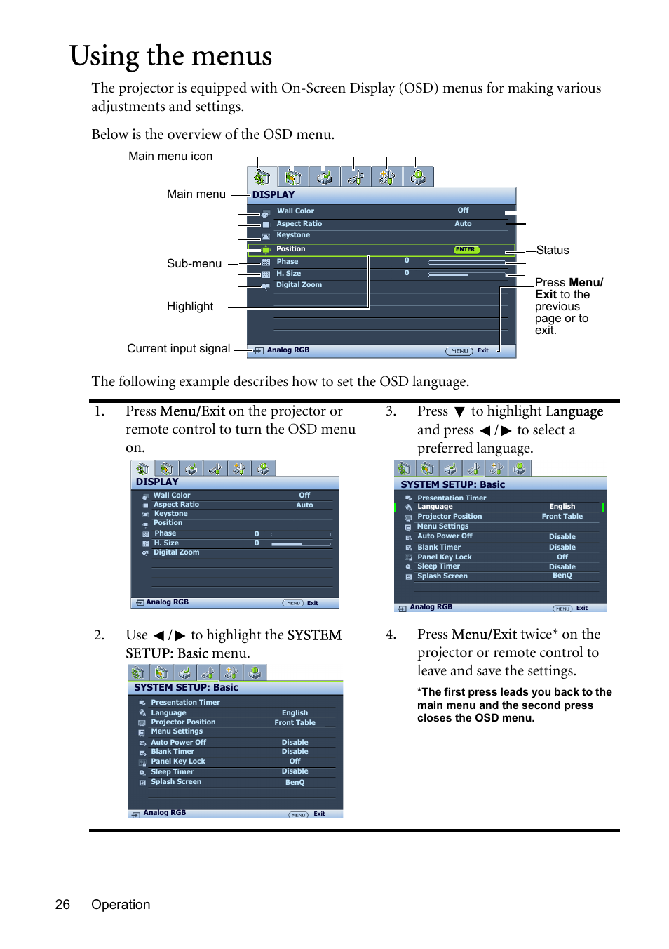 Using the menus, Operation 26 | BenQ MP576 User Manual | Page 26 / 68