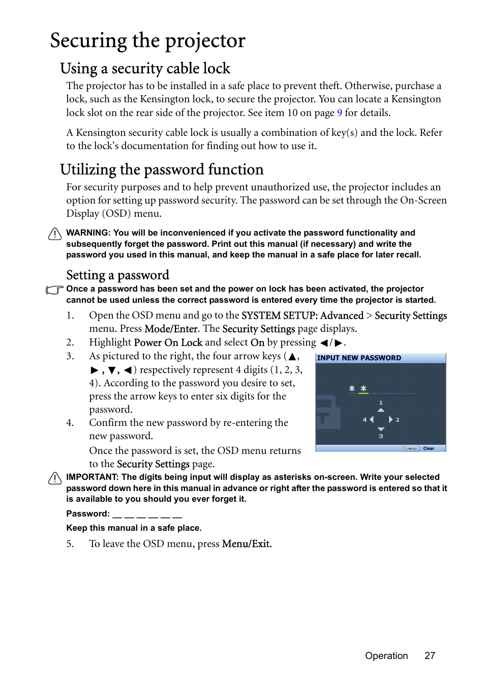 Securing the projector, Using a security cable lock, Utilizing the password function | Setting a password | BenQ MP576 User Manual | Page 27 / 68