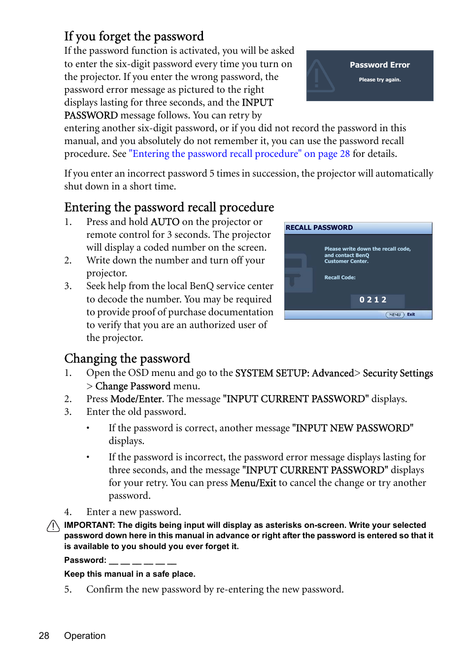 If you forget the password, Entering the password recall procedure, Changing the password | BenQ MP576 User Manual | Page 28 / 68