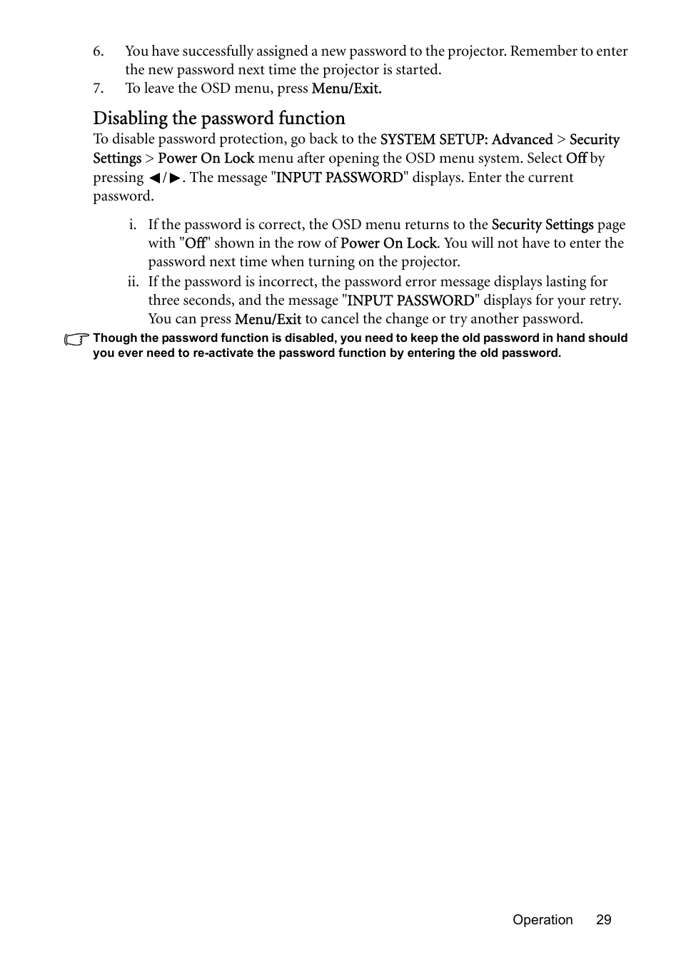 Disabling the password function | BenQ MP576 User Manual | Page 29 / 68