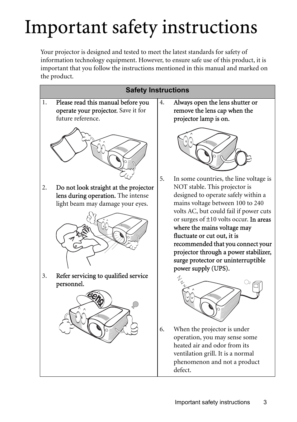 Important safety instructions | BenQ MP576 User Manual | Page 3 / 68