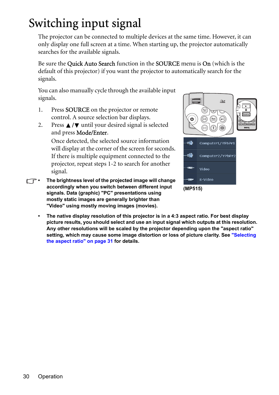 Switching input signal, For de | BenQ MP576 User Manual | Page 30 / 68